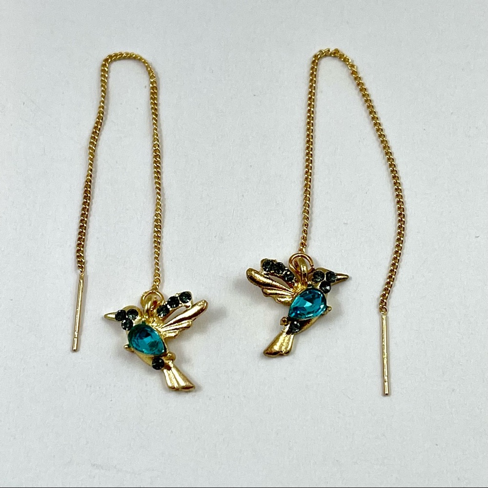 Gold plated 925 sterling silver Blue Zircon hummingbird threader earrings - Picture 3 of 4